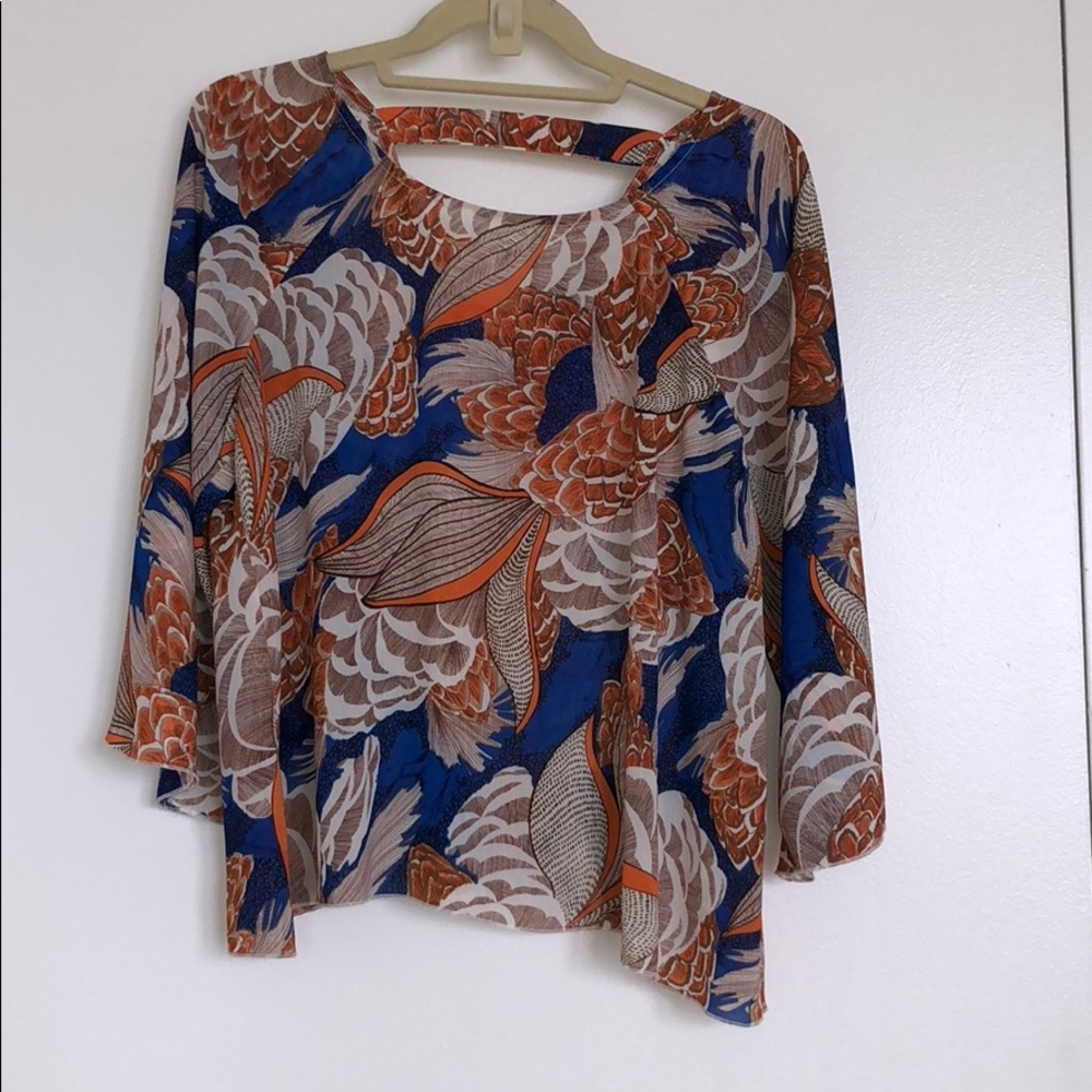 Orange and blue patterned blouse key hole back